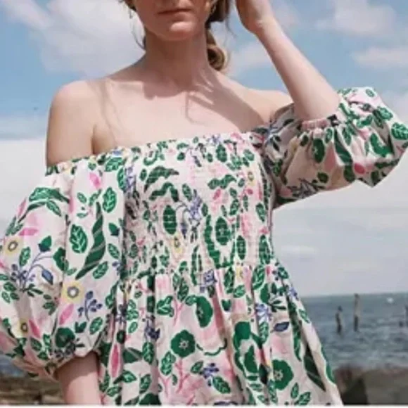 Jesse Zhao New York Emerald Smocked Puff Sleeve Midi Dress Size Small - Picture 2 of 7